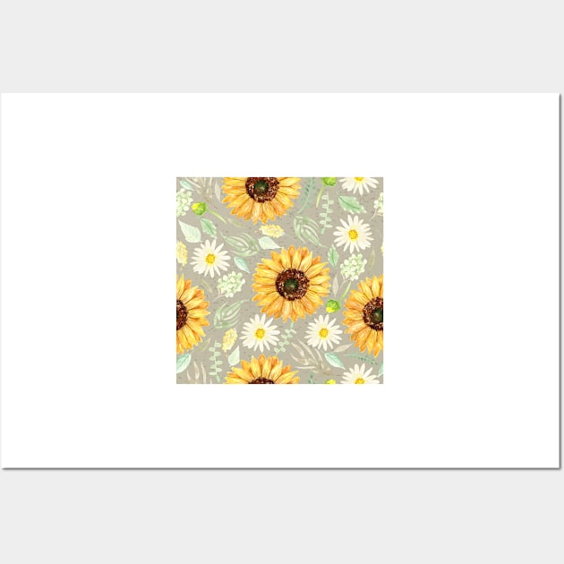 Sunflowers and Daisies | Watercolor | Art | Pattern | Grey Texture Wall Art by Harpleydesign